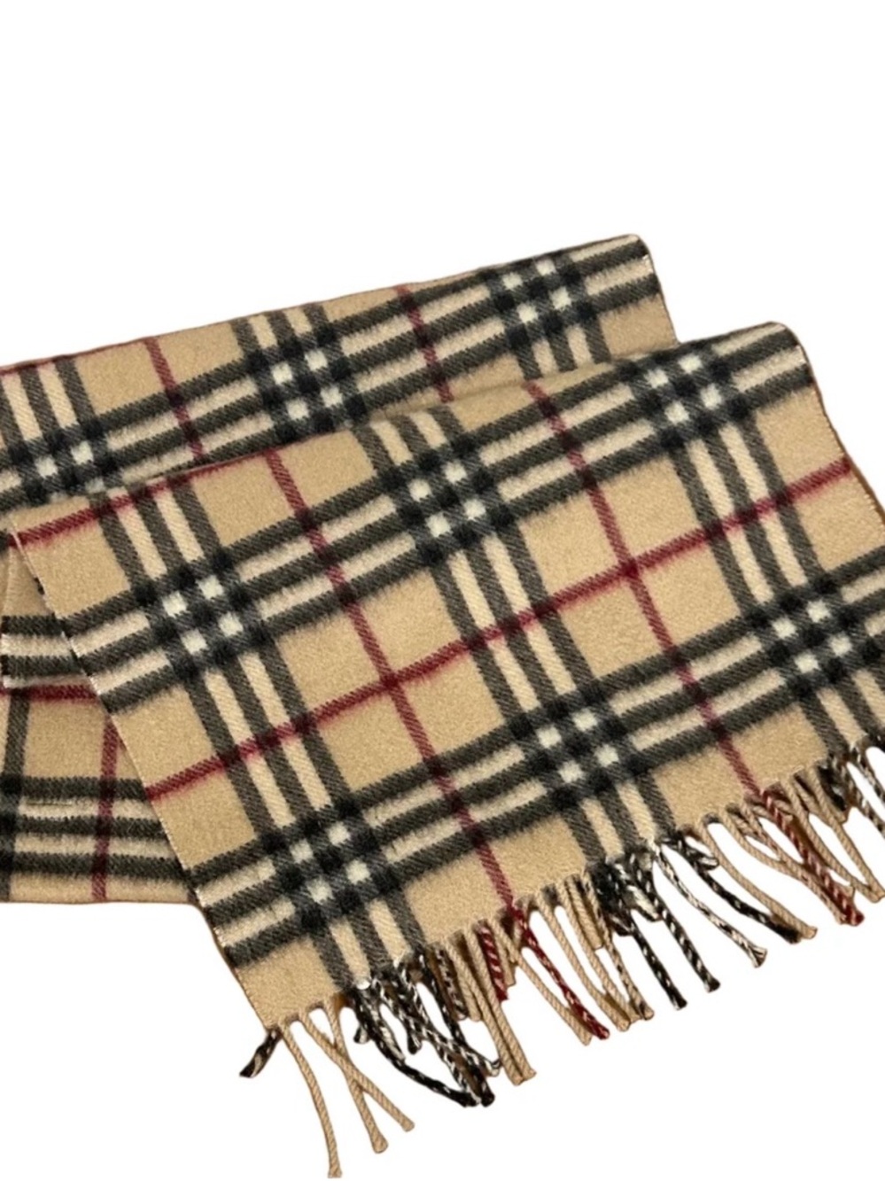 Burberry Beige Check Cashmere-Blend Scarf with Black and Red Accents